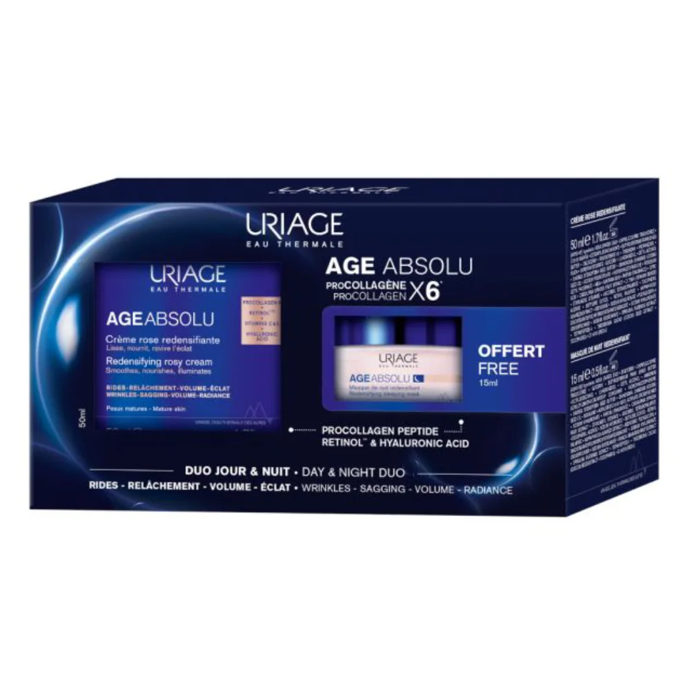Uriage Age Absolu, paket - roza krema in nočna maska za zrelo kožo (50 ml + 15 ml)